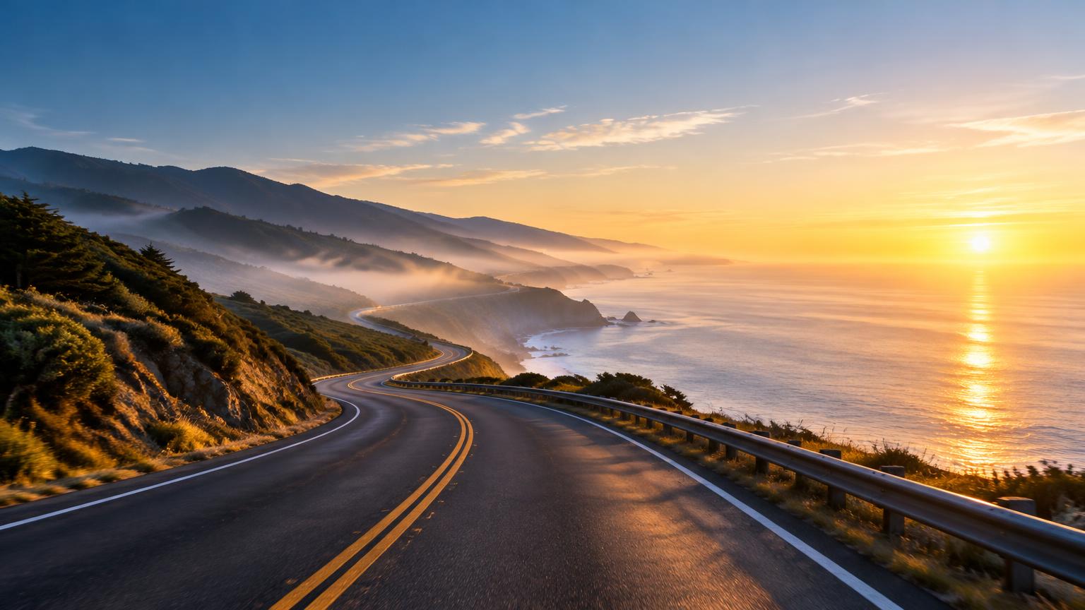 Une route côtière au lever du soleil, filant vers un horizon lumineux sur la mer