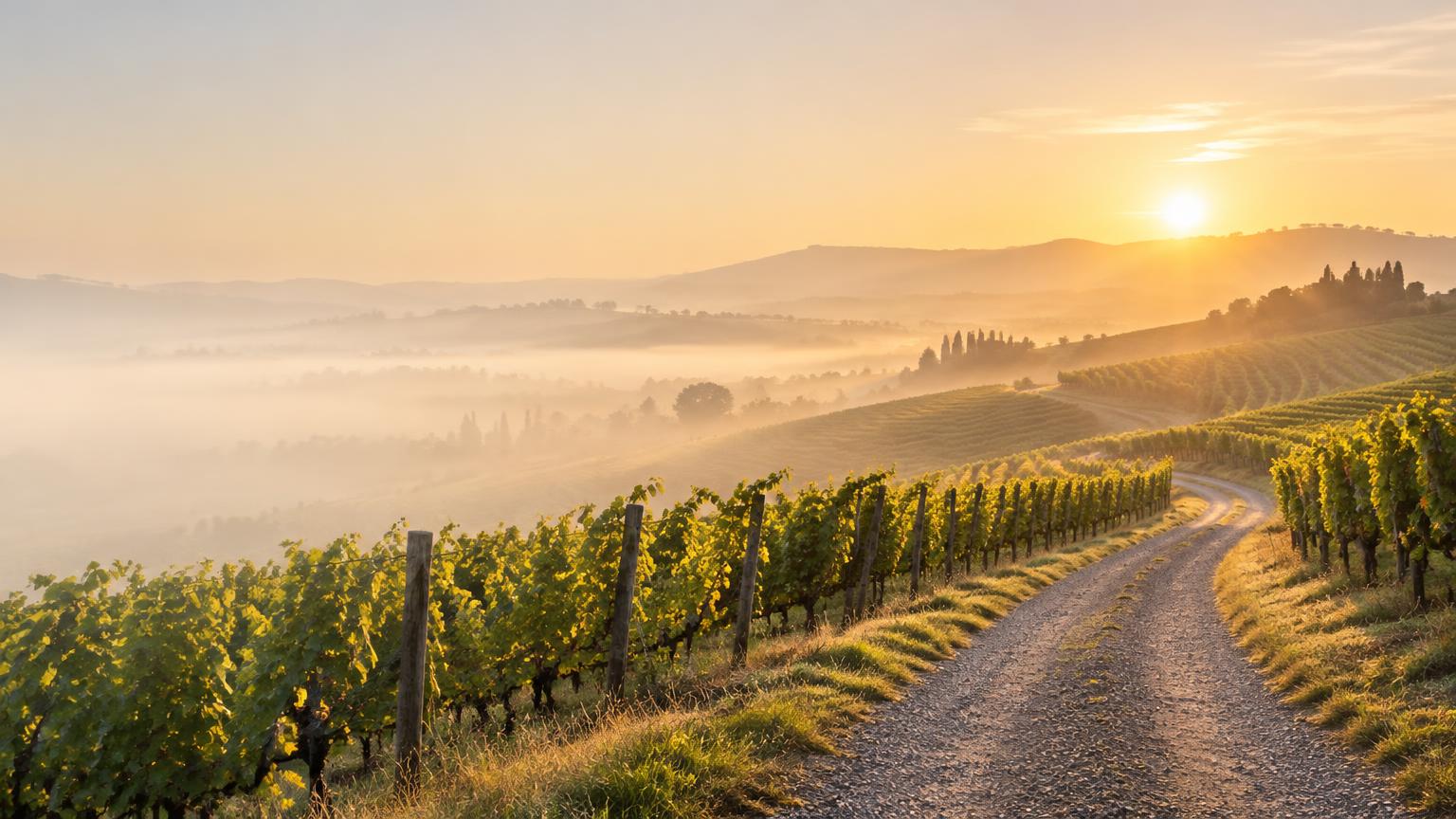Un chemin de gravier serpentant entre les rangs de vigne dans la brume du matin, lumière dorée
